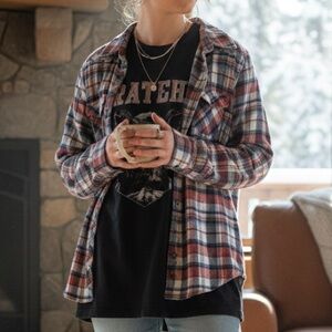 Plaid Flannel I Love H81 Red Blue White Button Up Cotton Shirt L Large